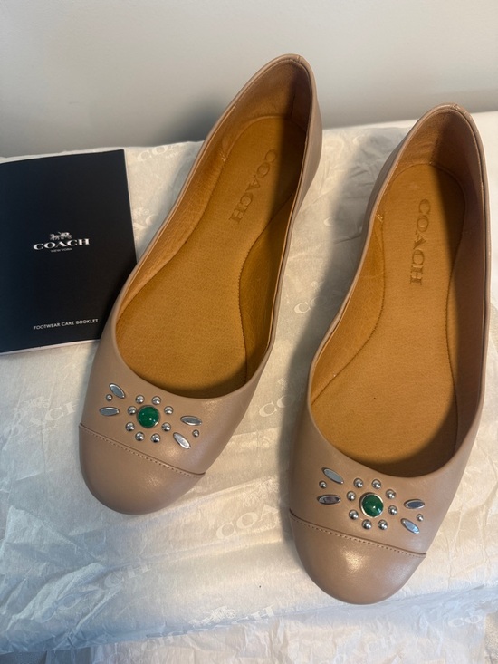 Coach Shoes - COACH Taupe Leather Embellished Ballet Flats